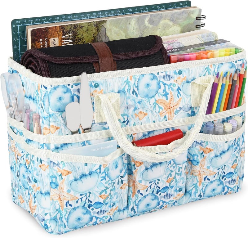 Qianshan Craft Organizer Tote Bag with Multiple Pockets, Large Art Storage Caddy with Handles for Art, Craft, Sewing, Make-up，Scrapbooking, Medical, and Office Supplies Storage.Blue Jellyfish - Image 1